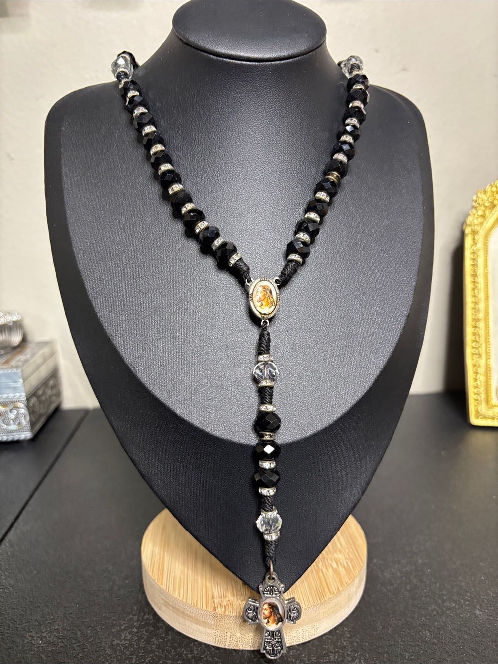 Black All Glass Bead Rosary-Style Jesus Cross Pendant Necklace Religious